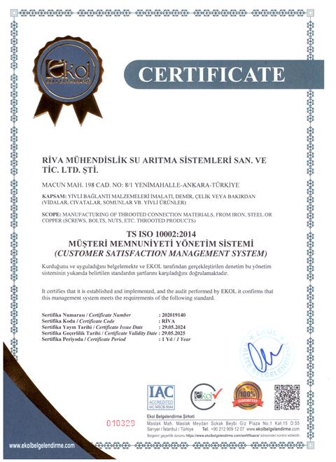 TS EN ISO 10002 CUSTOMER SATISFACTION MANAGEMENT SYSTEM